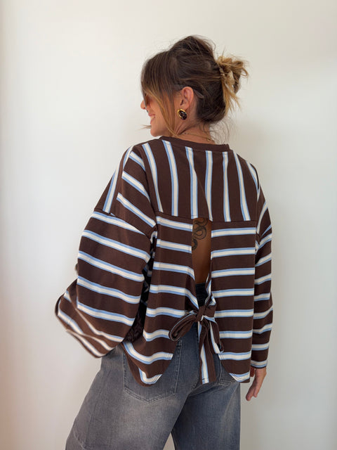 T-shirt manches longue avec noeud rayé - chocolat