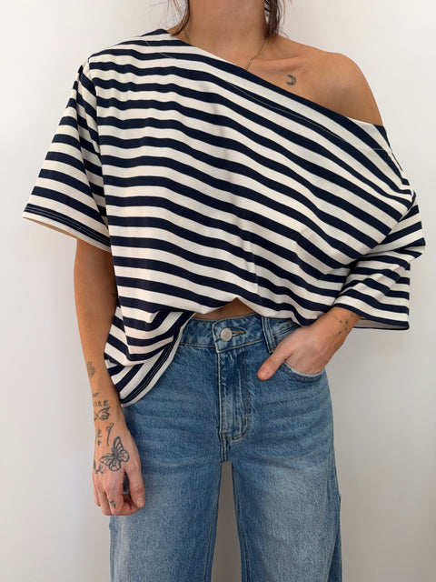 T-shirt à rayures asymétrique - bleu