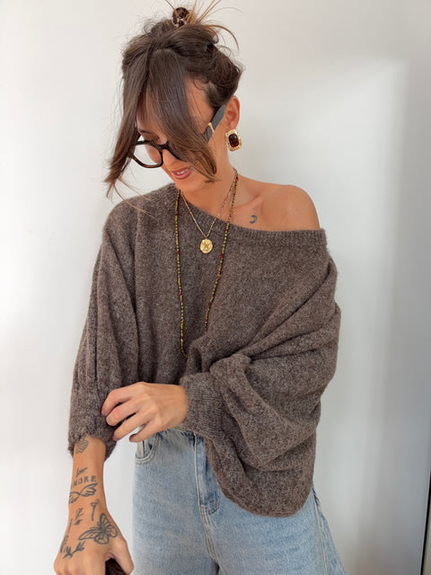 Pull asymétrique manches longues - moka