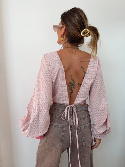 Top dos nu à carreaux - rose