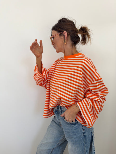 T-shirt rayé manches longues - orange