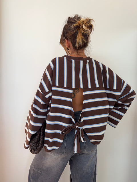 T-shirt manches longue avec noeud rayé - chocolat