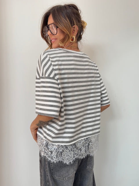 T-shirt rayé dentelle - gris