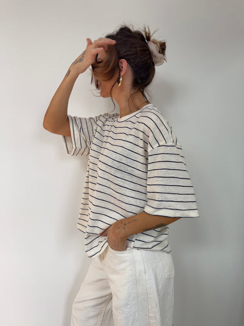 T-shirt à rayures - beige et bleu