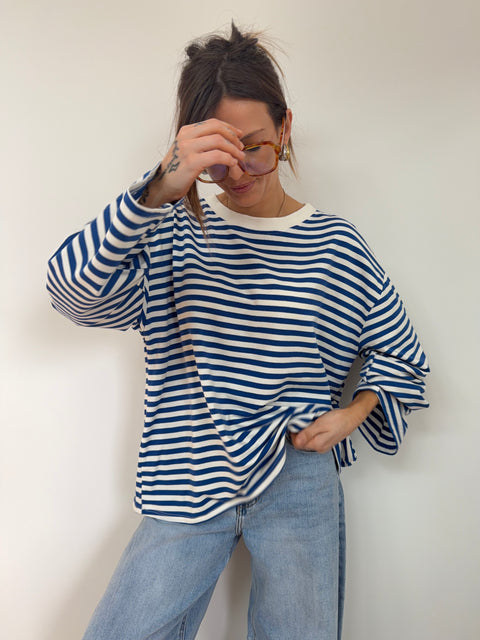 T-shirt manches longues rayé - bleu royale