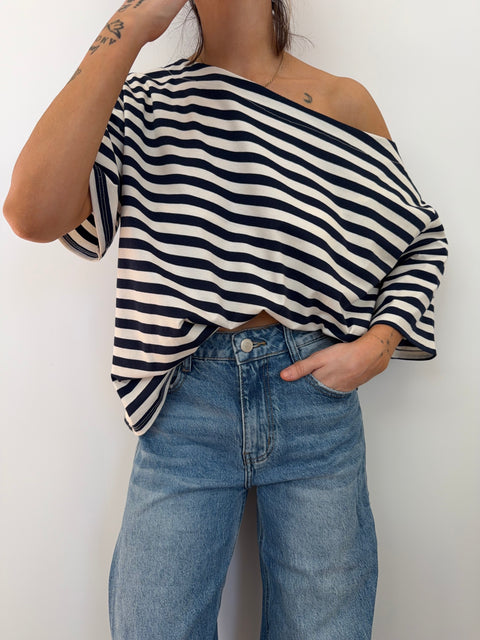 T-shirt à rayures asymétrique - bleu
