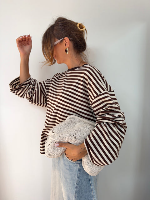 T-shirt manches longues rayé - chocolat et beige