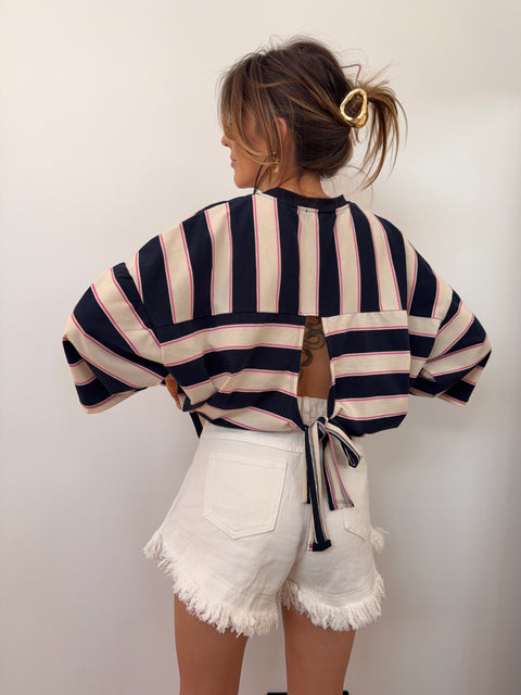 T-shirt rayé avec noeud - bleu et rose