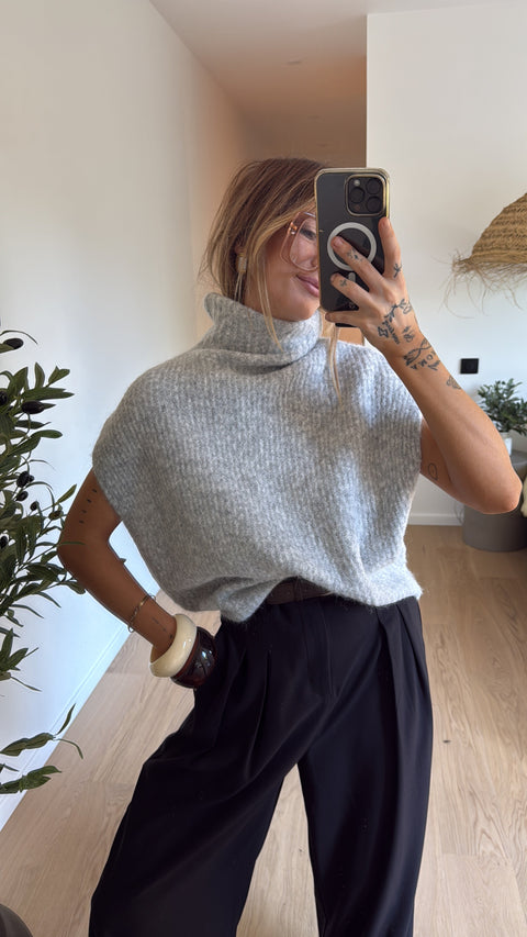 Pull col roulé - gris chiné
