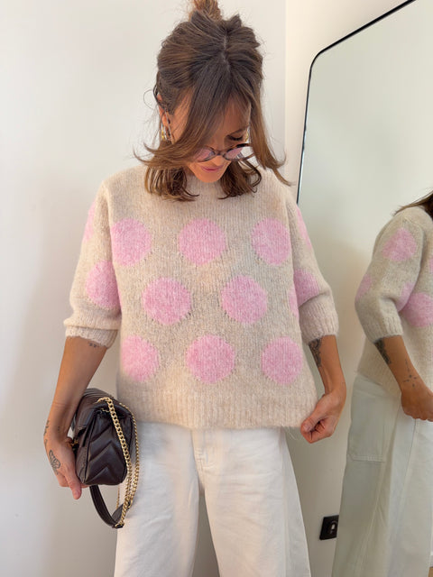 Pull à pois manches 3/4 - rose