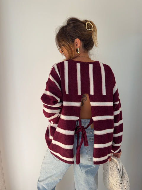 Pull rayé avec noeud - bordeaux
