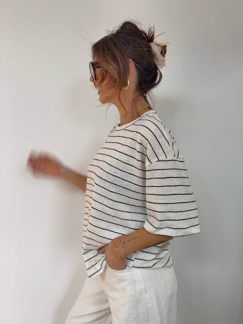T-shirt à rayures - beige et bleu