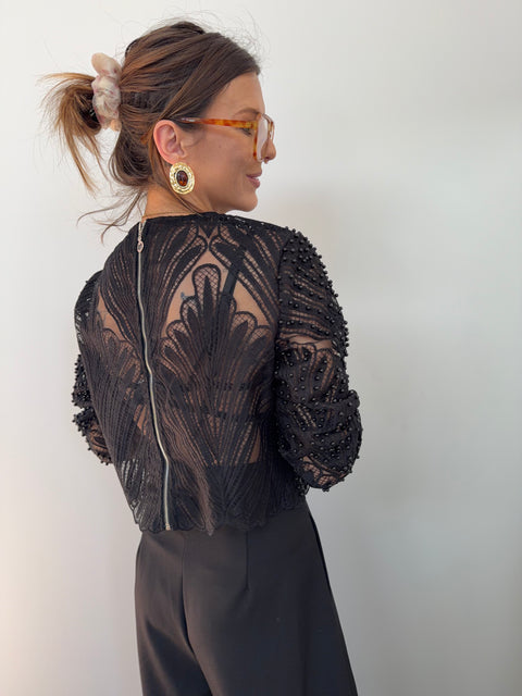 Haut dentelle et perles - noir