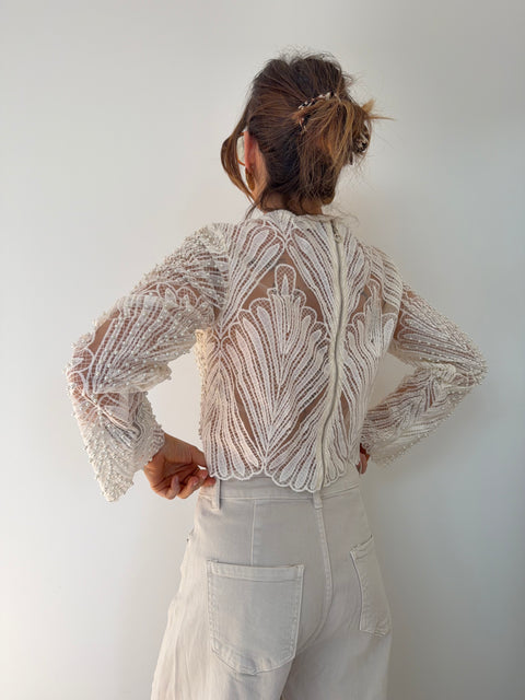 Haut dentelle et perles - crème