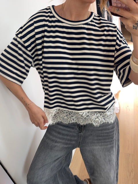 T-shirt rayé dentelle - marine
