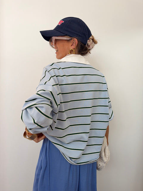 Sweat polo rayé - bleu et vert