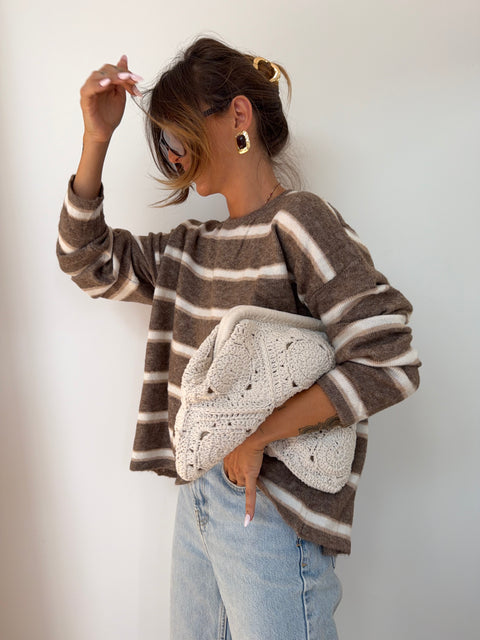 Pull rayé avec noeud - beige