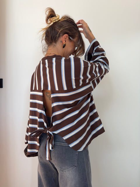 T-shirt manches longue avec noeud rayé - chocolat