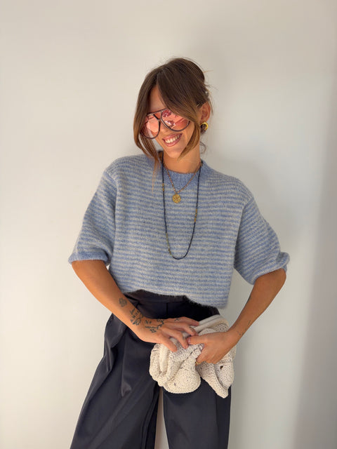 Pull manches 3/4 rayé - bleu clair
