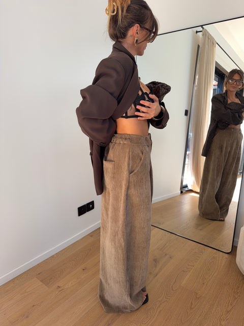 Pantalon large effet velours - taupe