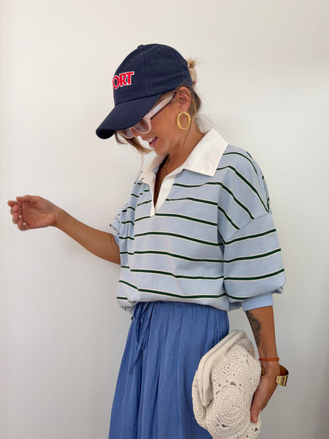 Sweat polo rayé - bleu et vert