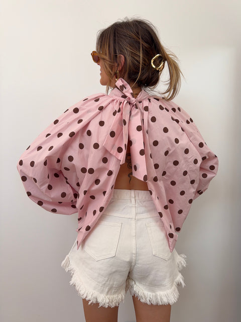 Blouse dos nu rose à pois
