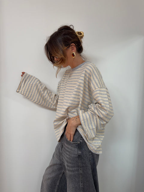 T-shirt manches longues rayé - gris et beige