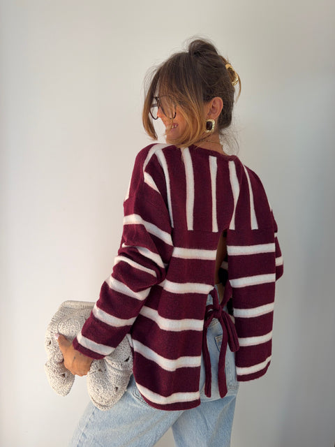 Pull rayé avec noeud - bordeaux