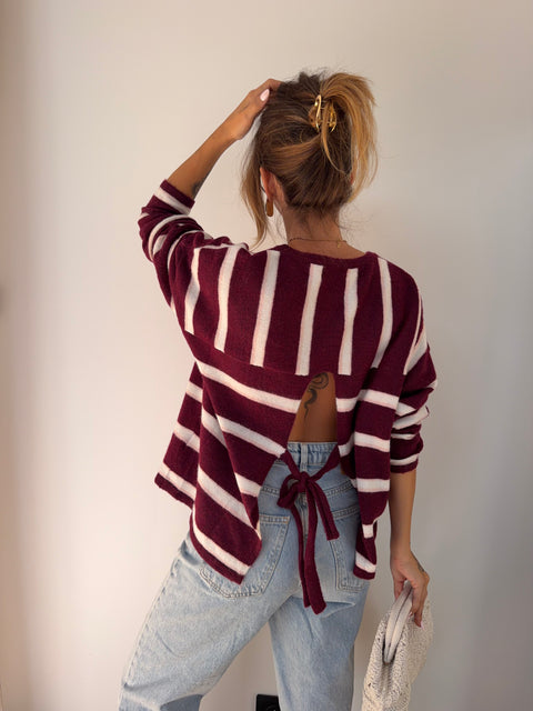 Pull rayé avec noeud - bordeaux