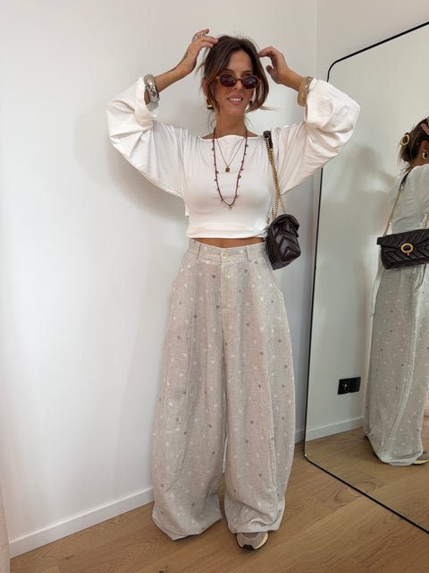 Pantalon en lin à pois - beige