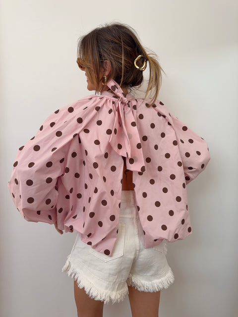Blouse dos nu rose à pois