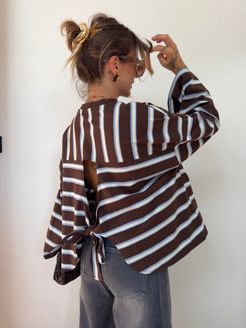 T-shirt manches longue avec noeud rayé - chocolat