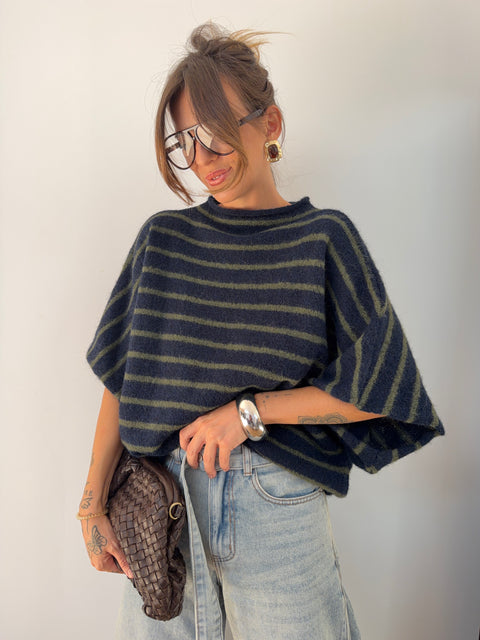 Pull Paris rayé - kaki & bleu marine