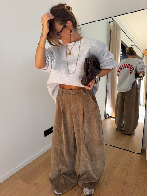 Pantalon large effet velours - taupe
