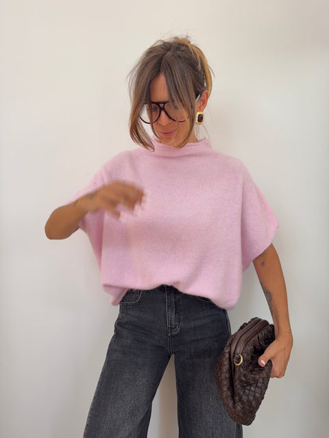 Pull col montant sans manche - rose