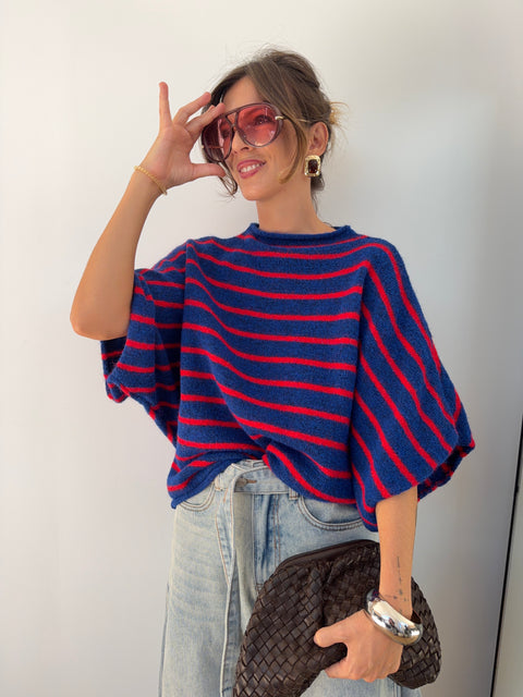 Pull Paris rayé - rouge & bleu roi