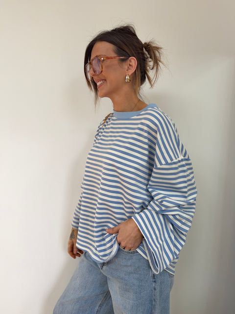 T-shirt manches longues rayé - baby blue
