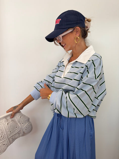 Sweat polo rayé - bleu et vert