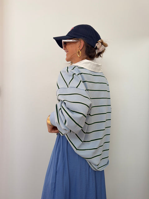 Sweat polo rayé - bleu et vert
