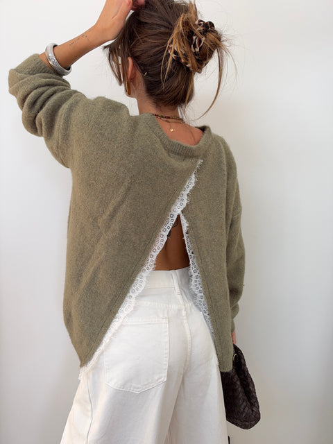 Pull dos nu dentelle - olive