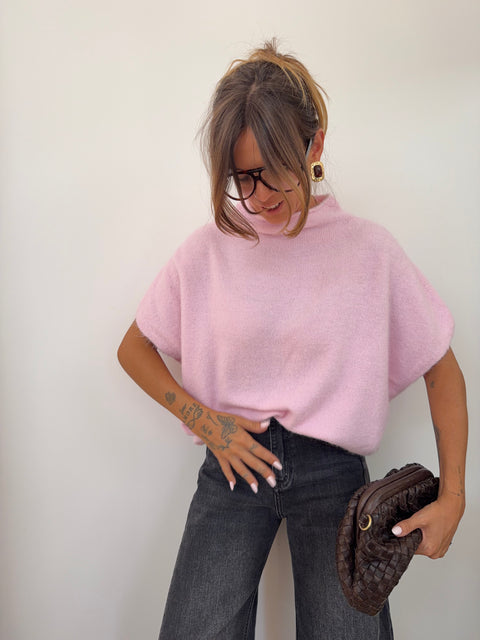Pull col montant sans manche - rose