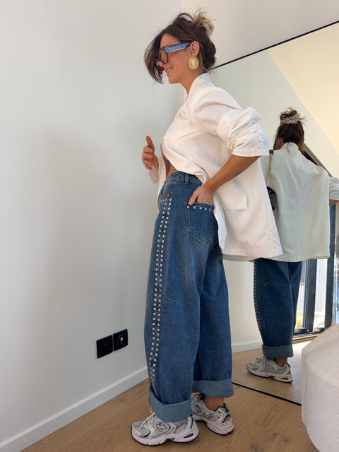 Jeans baggy à oeillets - bleu