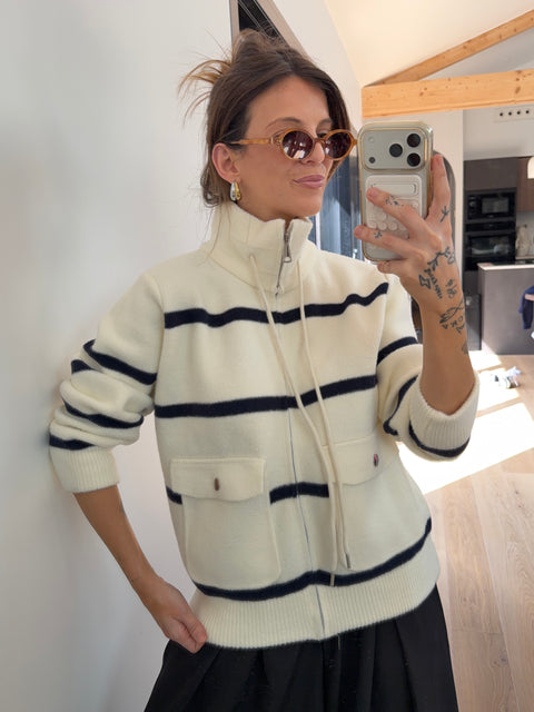 Veste marinière à zip - beige et marine