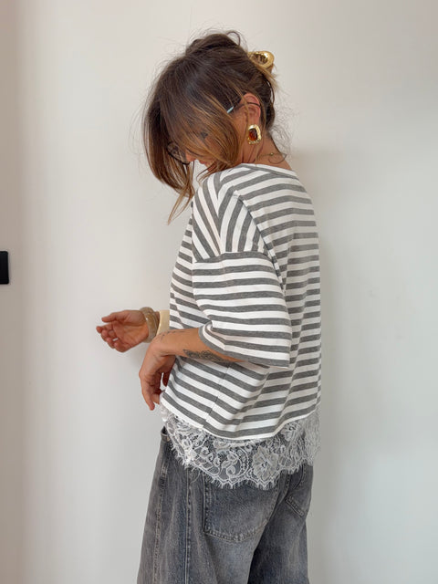 T-shirt rayé dentelle - gris