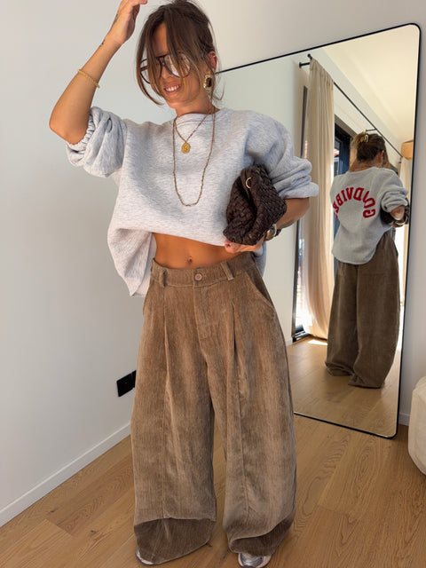 Pantalon large effet velours - taupe