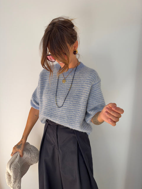 Pull manches 3/4 rayé - bleu clair