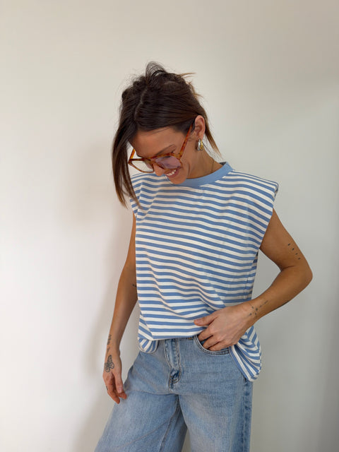 T-shirt à épaulettes rayé - baby blue