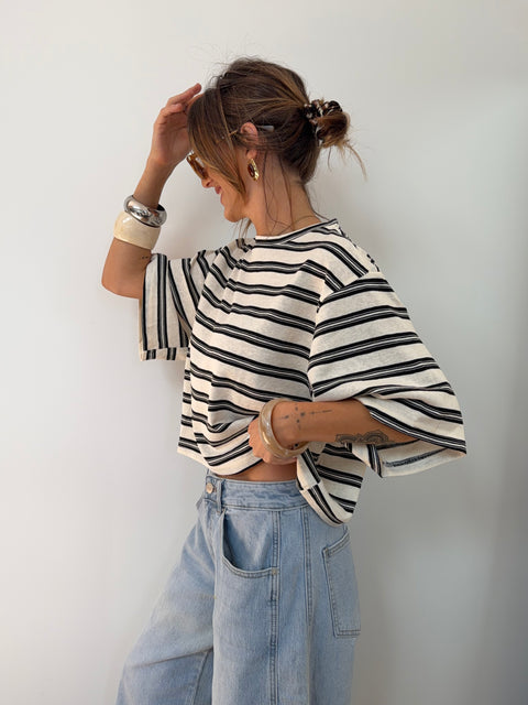 T-shirt à rayures - beige et noir