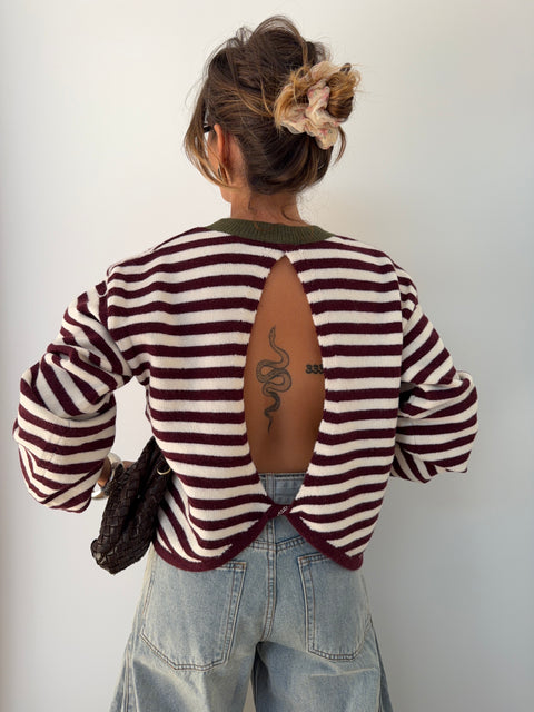 Pull dos nu rayé - blanc & bordeaux