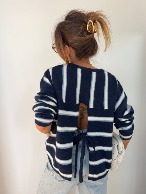 Pull rayé avec noeud - bleu